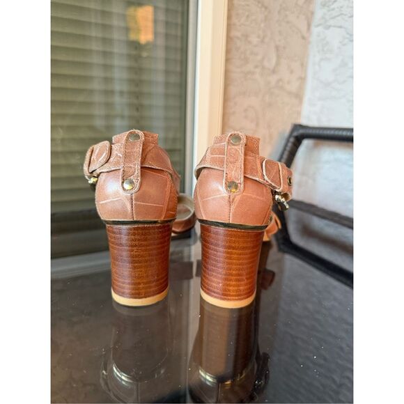 Stuart Weitzman Strappy Sandals‎ Heel Womens 8.5M Beige Croc Embossed Leather - Picture 4 of 10